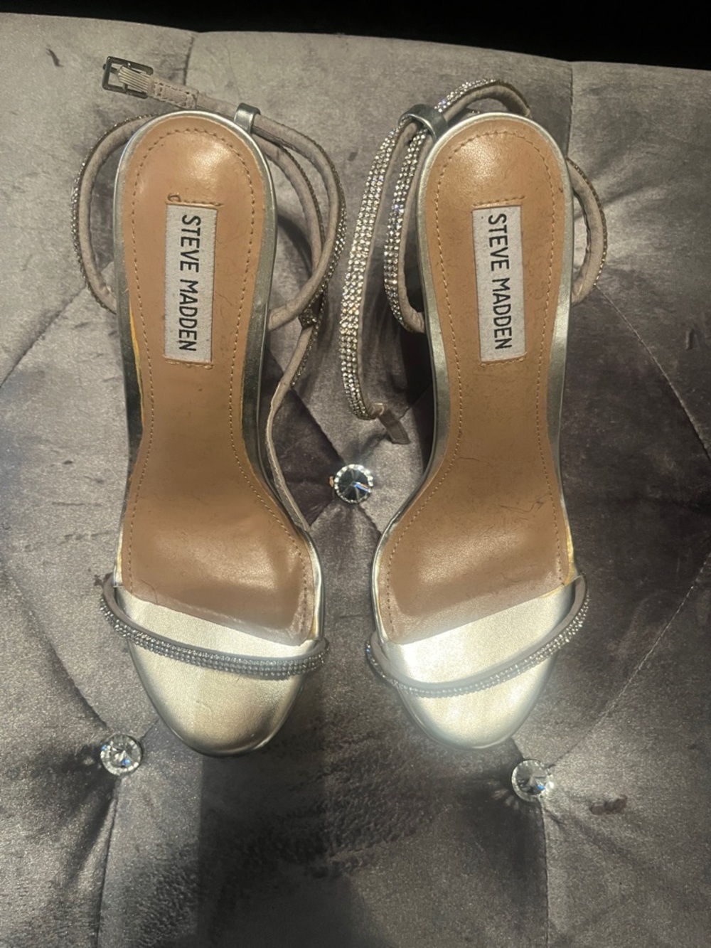 Steve Madden Silver Rhinestone Ankle-Strap Heels